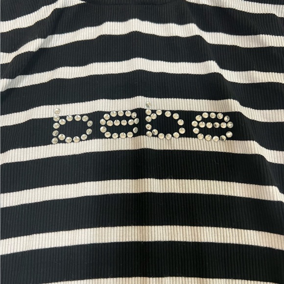 BeBe Logo Black and White striped Cold Shoulder Mock Neck Top long sleeves SZ M - Picture 7 of 11